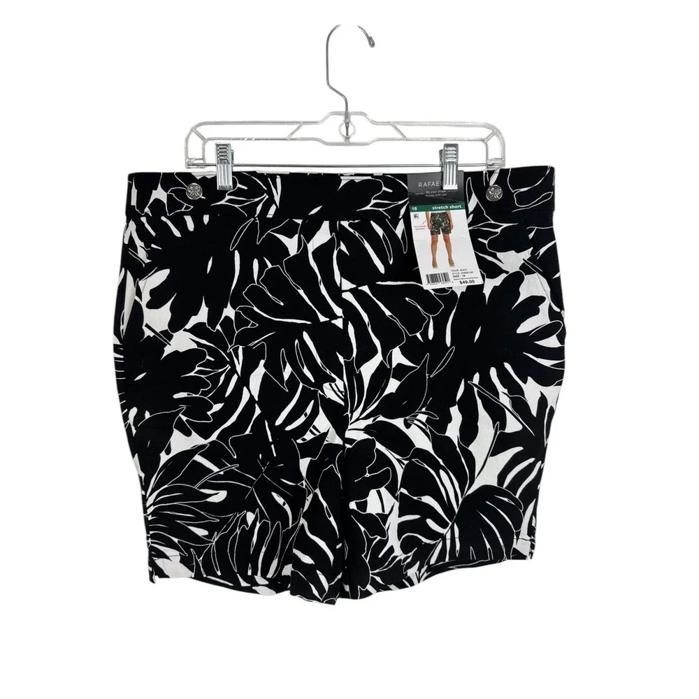 Rafaella Women's Plus 18 Stretch Pull On‎ Shorts B&W Leaf Print NWT